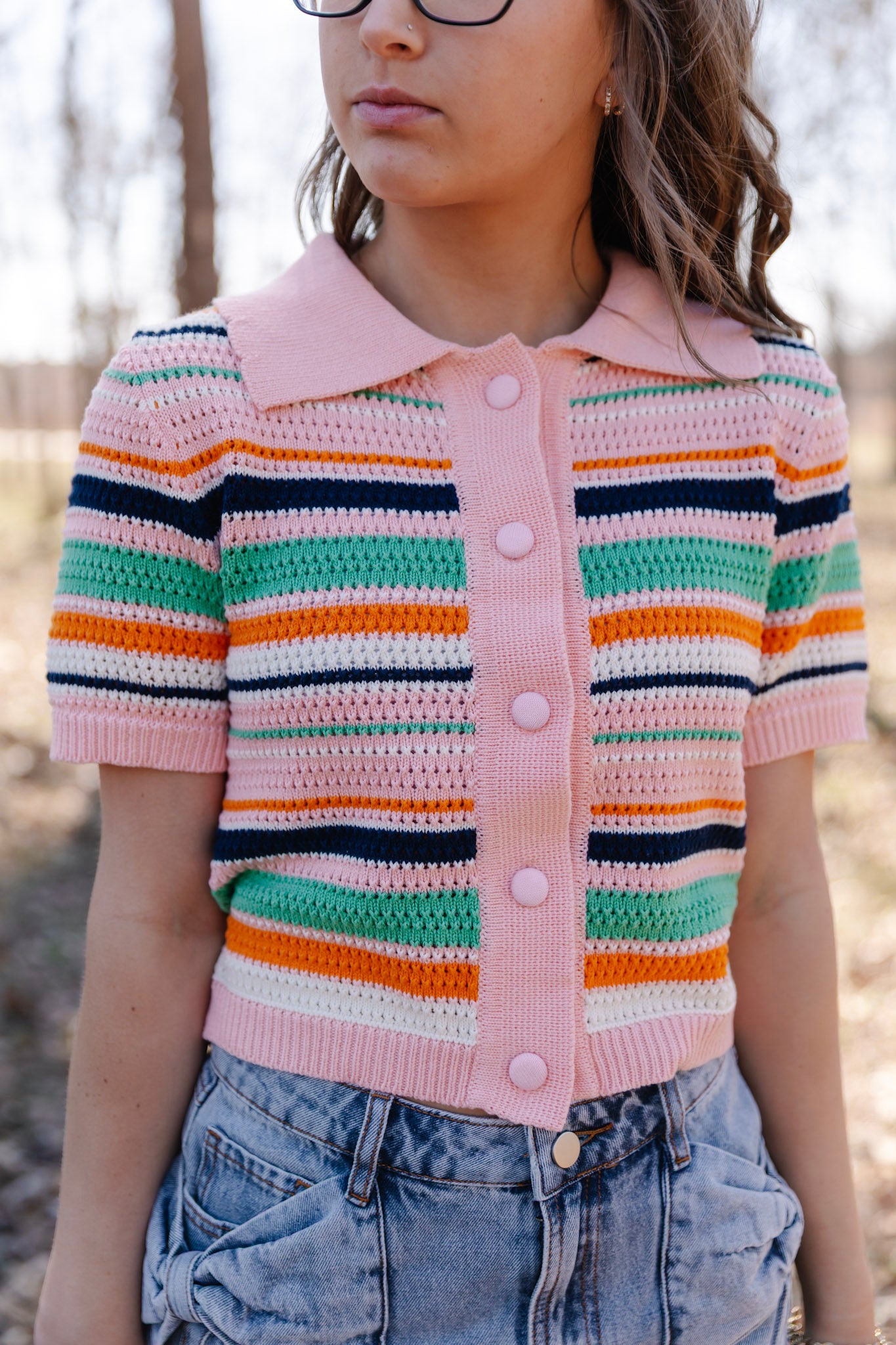 Sorbet SS Button Collar Stripe Knit Sweater