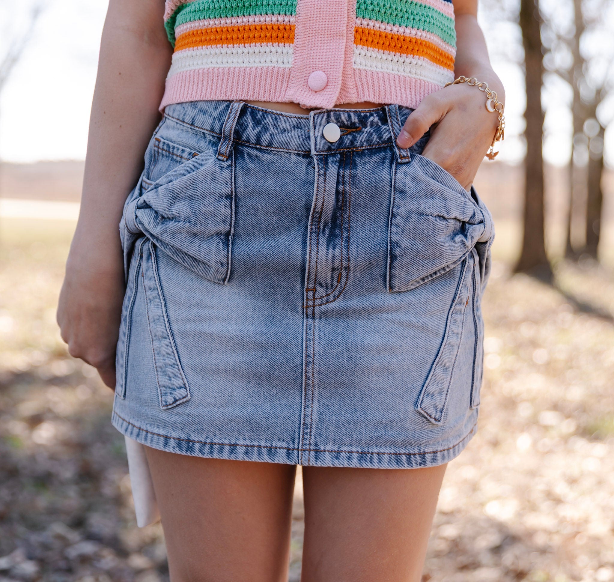 Bow Pocket Denim Mini Skirt