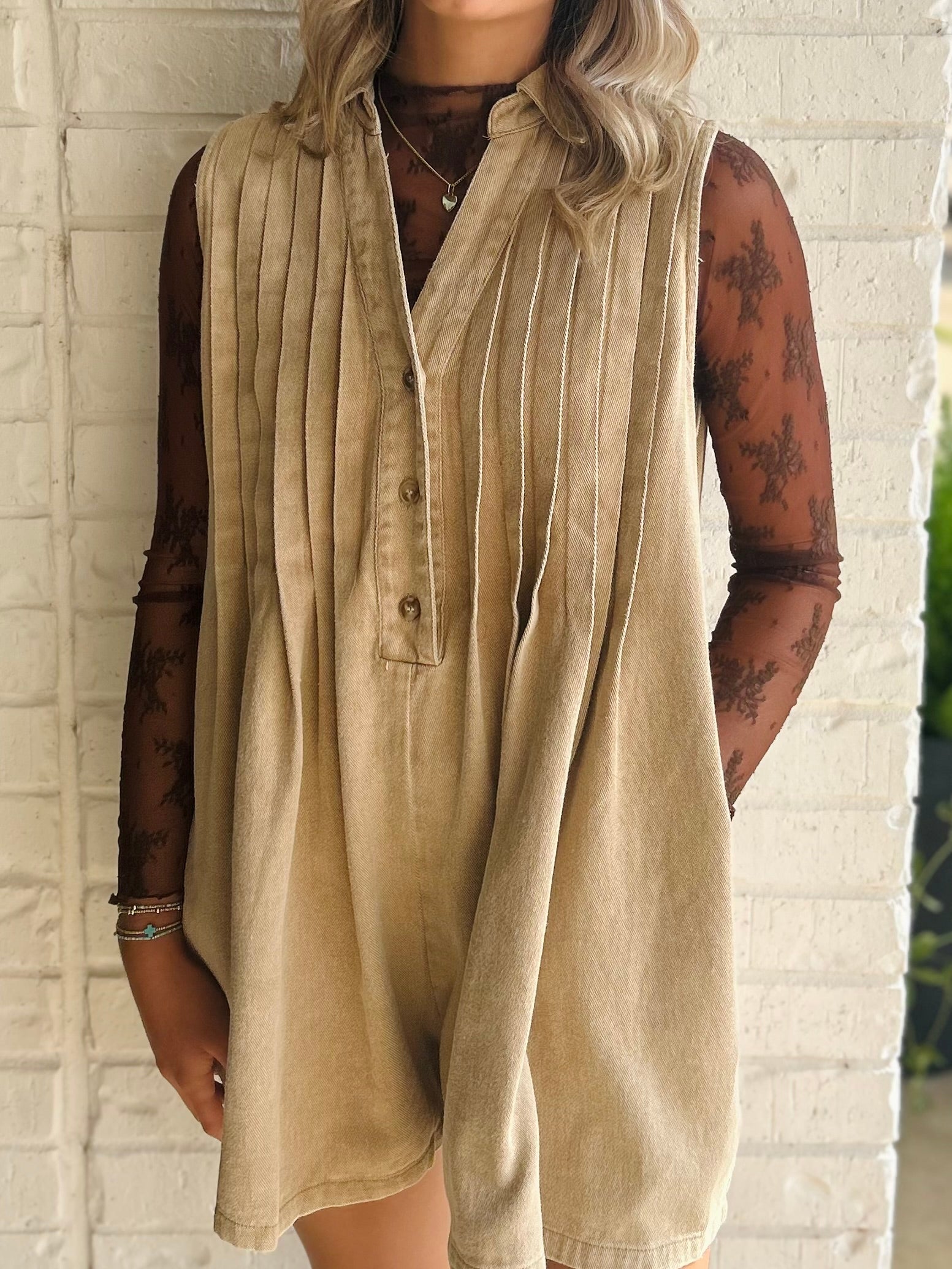 Clove Pintuck Pleated Twill Sleeveless Romper