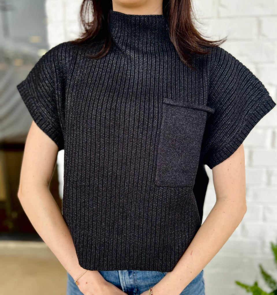 Trisha entro Mock Neck Ribbed Cap Sleeve Pocket Sweater