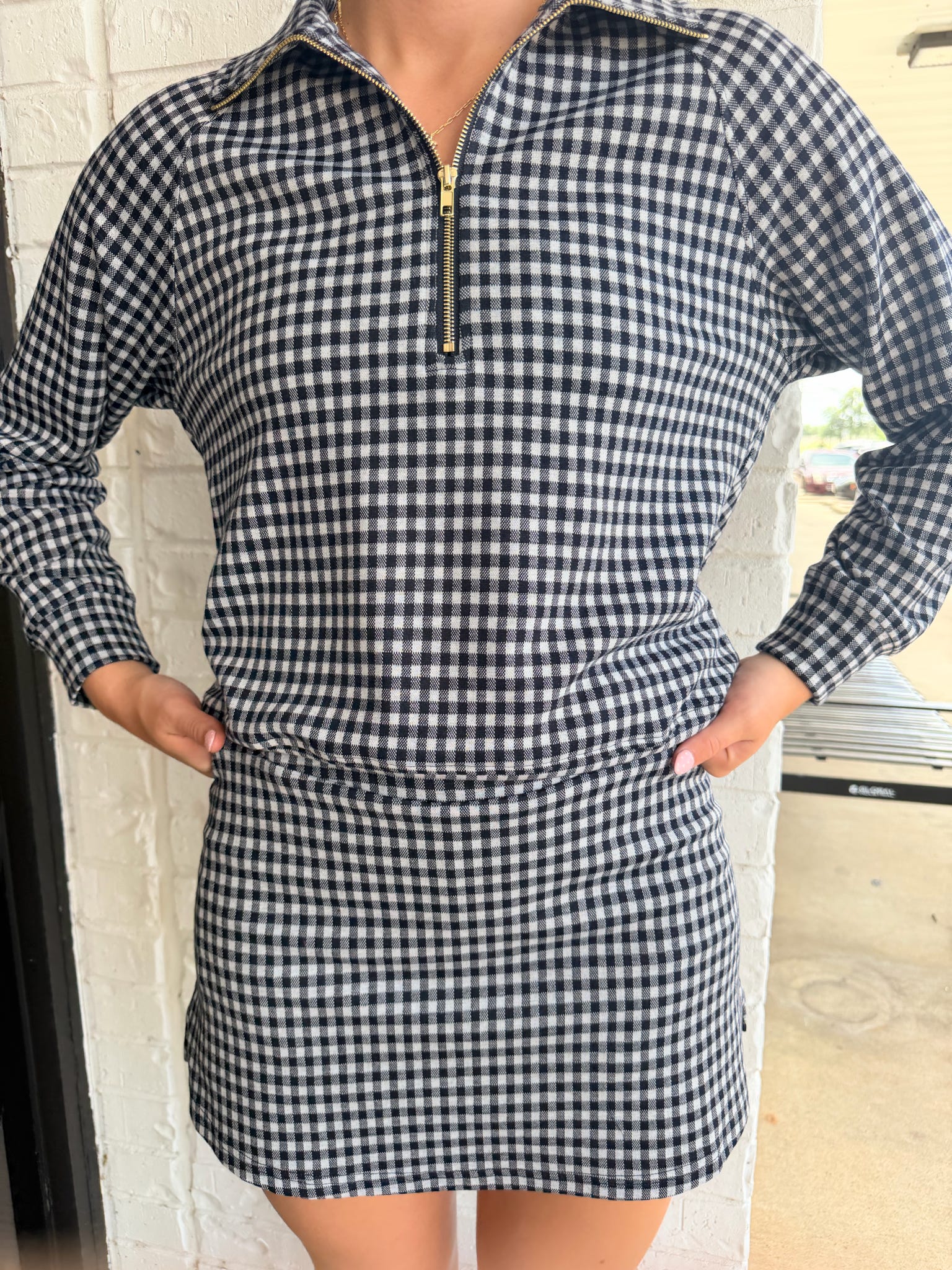 Gingham Print Half Zip Top & Skort Set