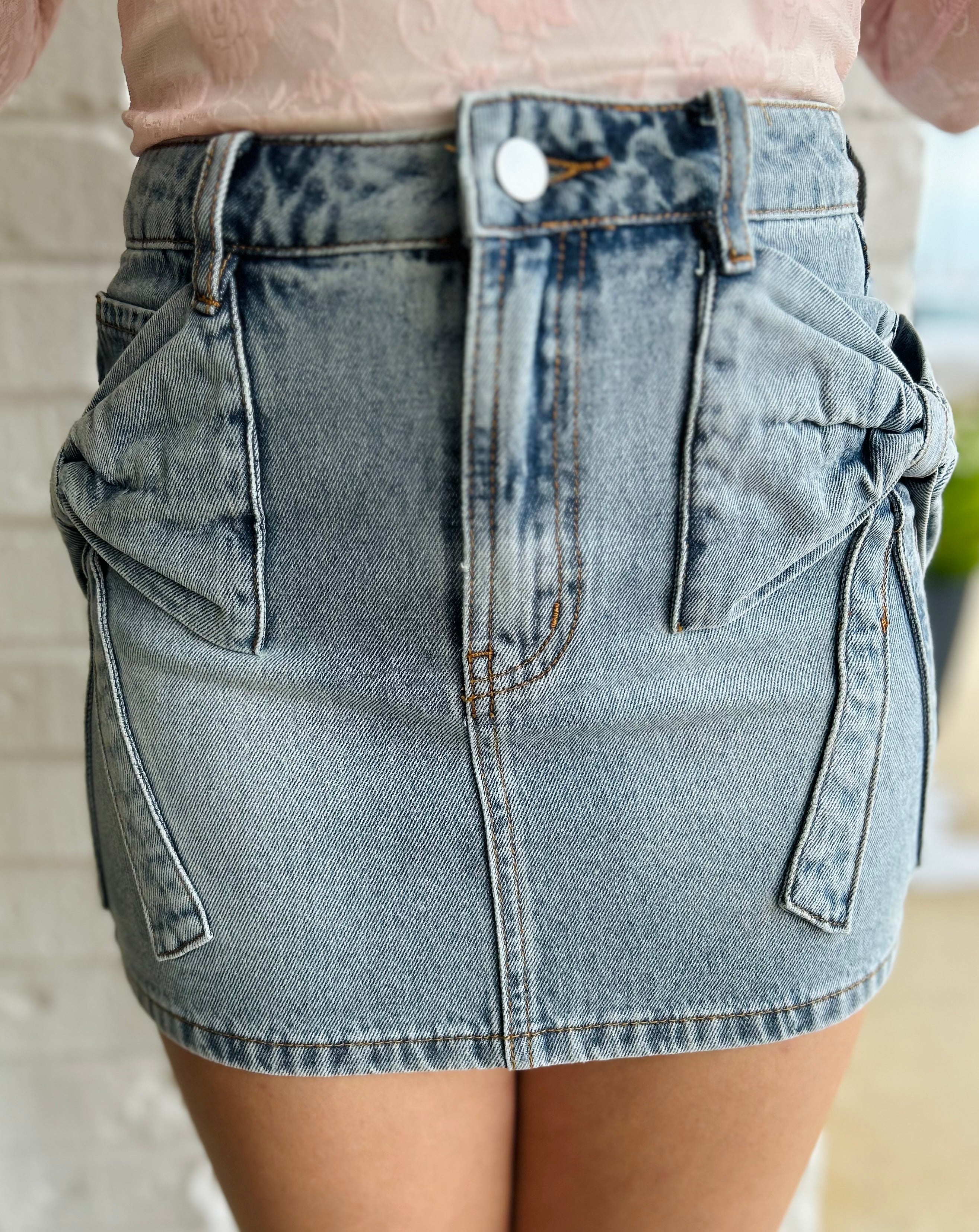 Bow Pocket Denim Mini Skirt