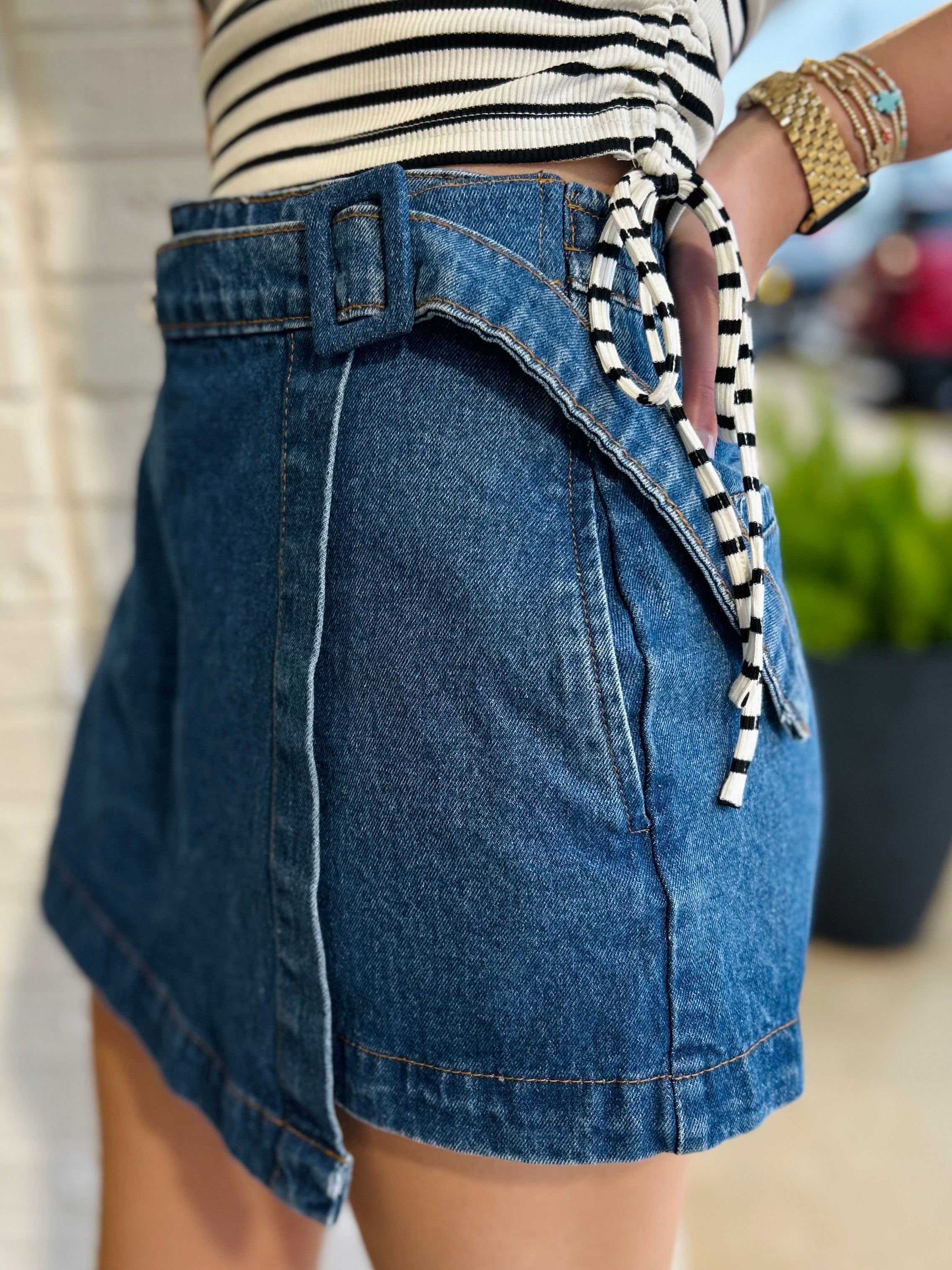 Time Flies Denim Wrap Skort