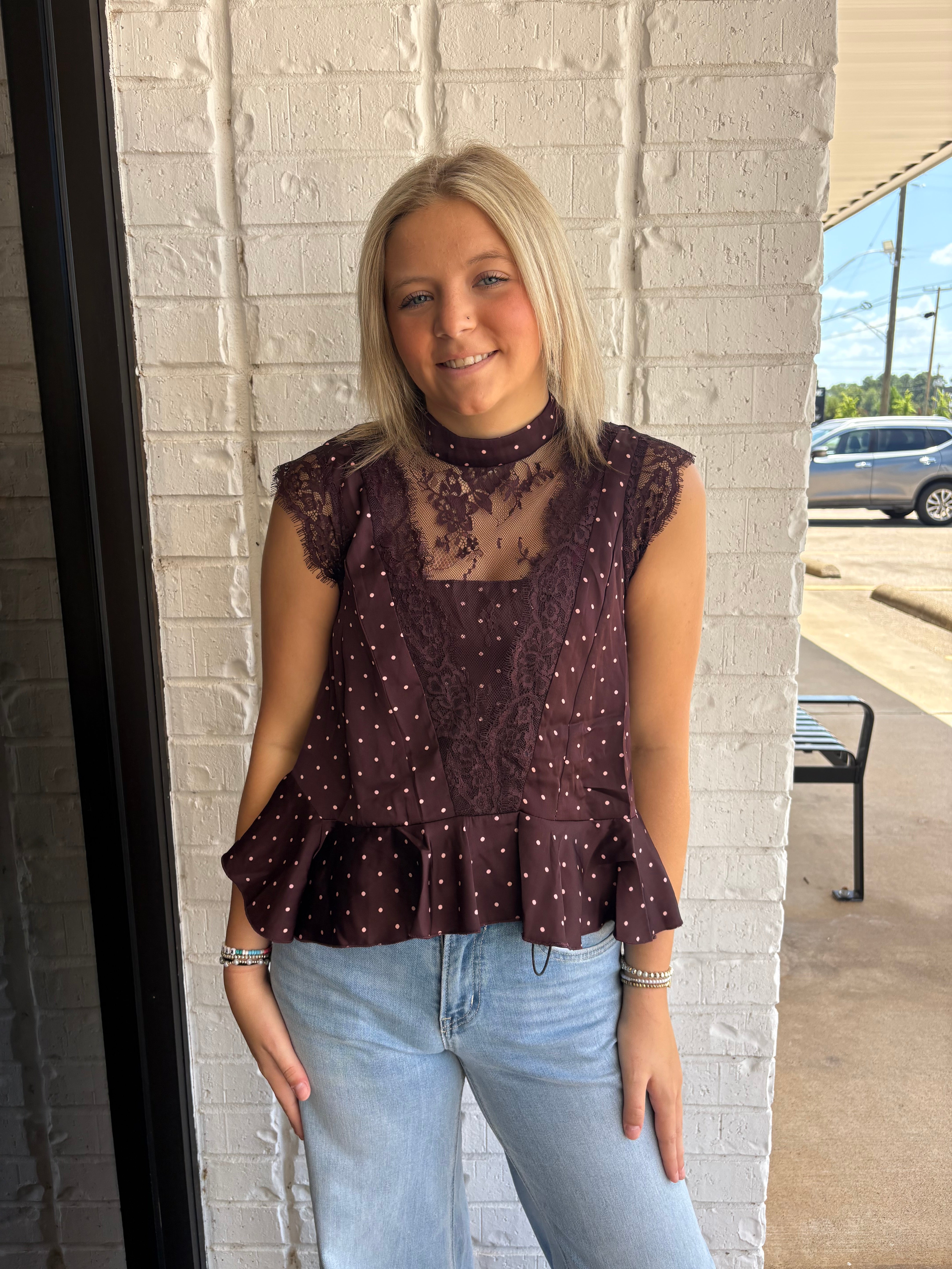 Polka Dot Satin Lace Trim Blouse
