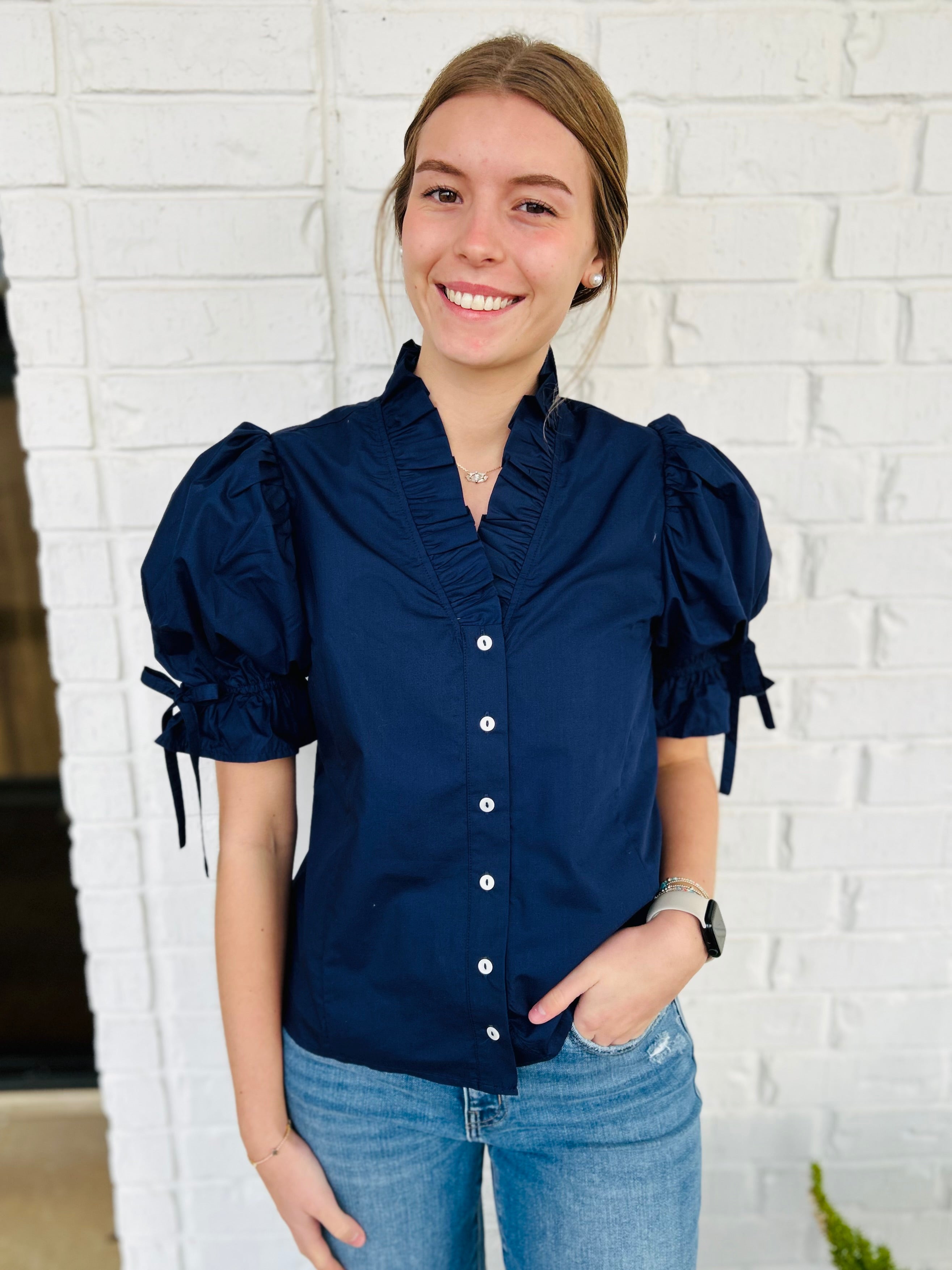 Going Places Button Up Ruffle V Neck Blouse