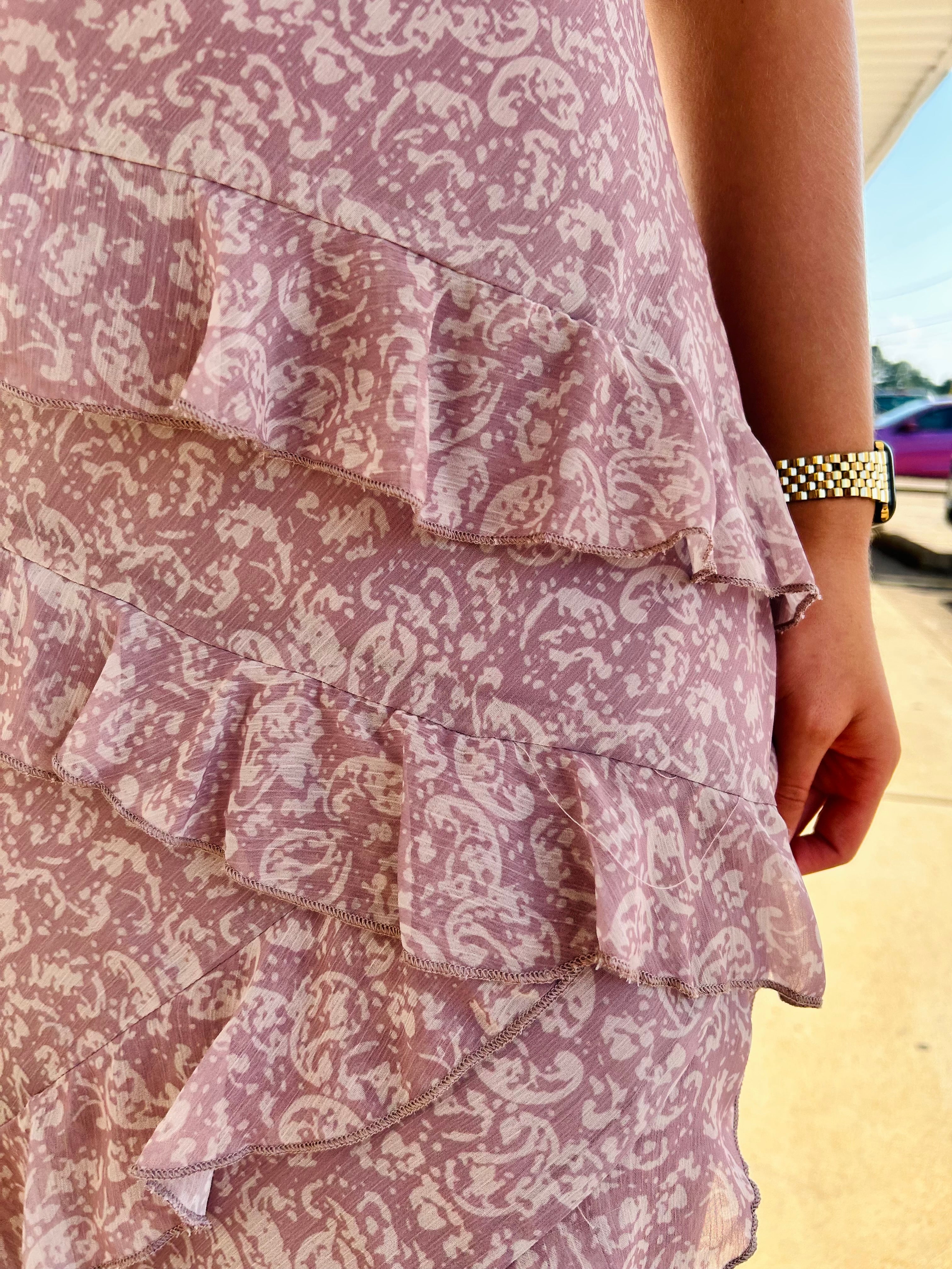 Paisley Chiffon Diagonal Ruffle Midi Dress