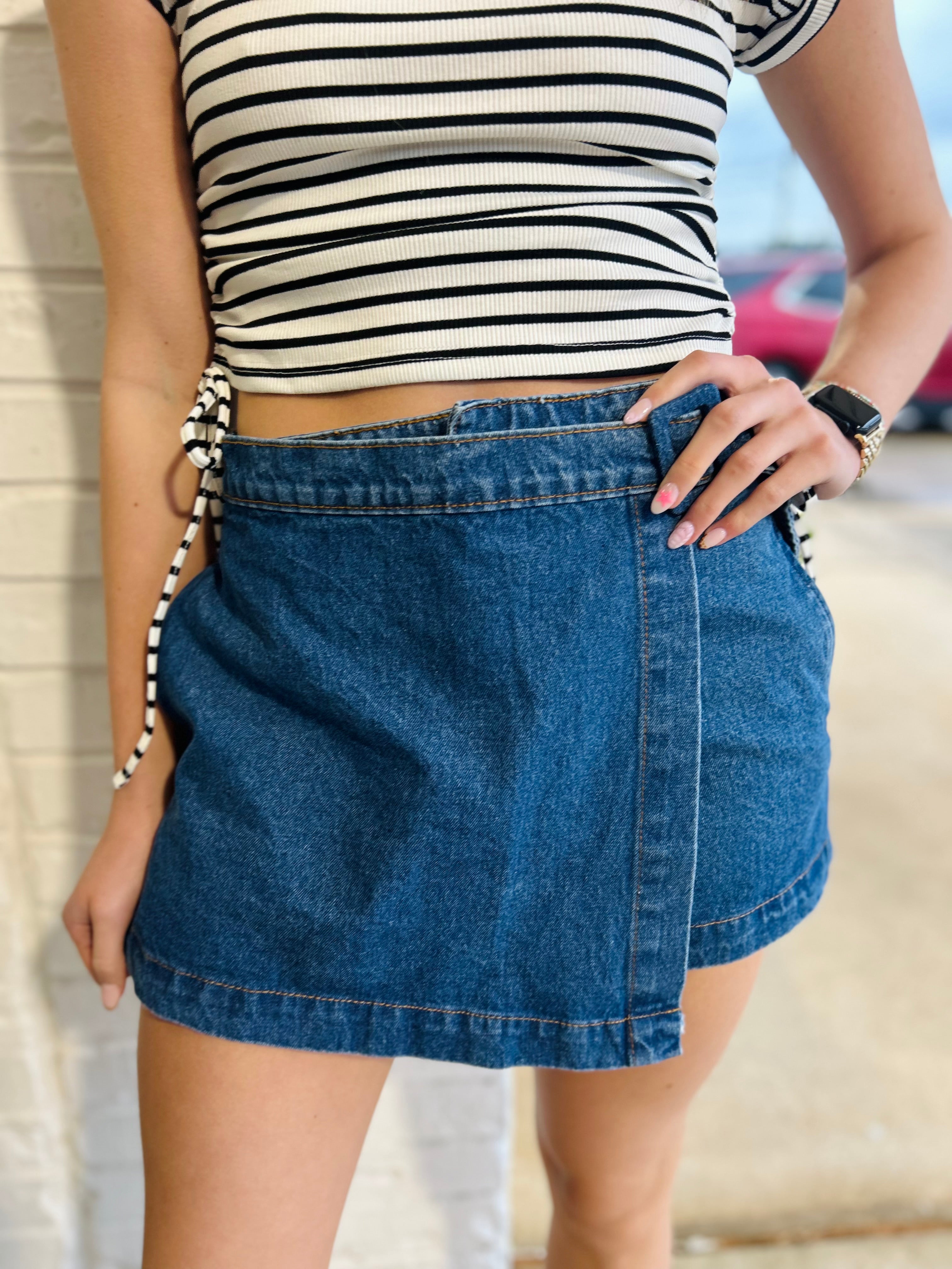 Time Flies Denim Wrap Skort