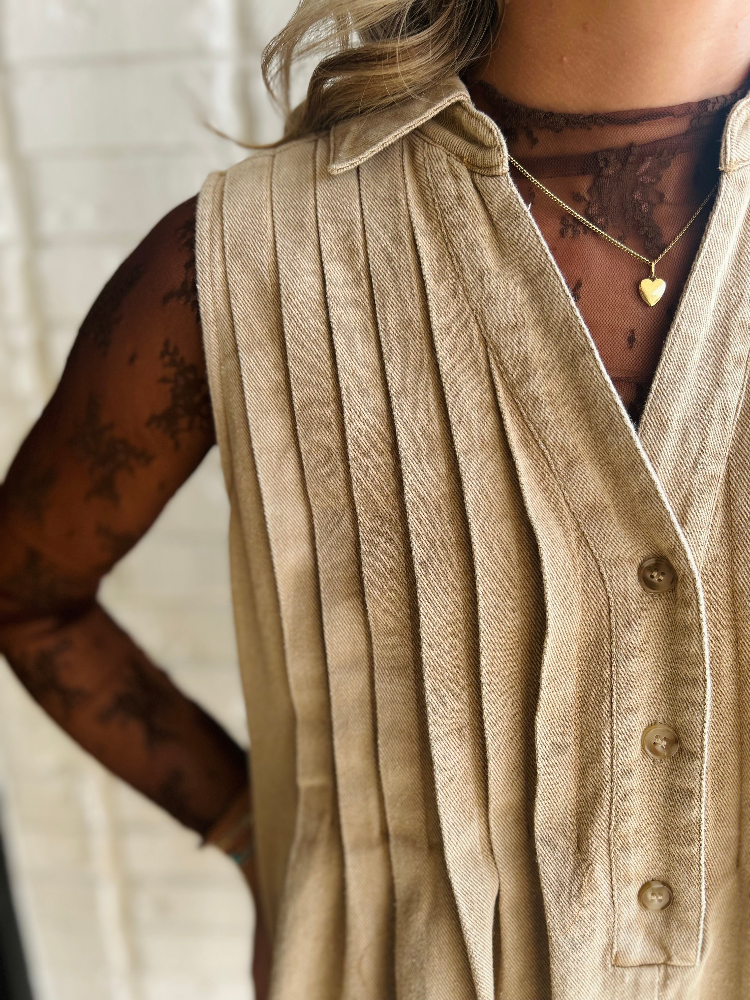Clove Pintuck Pleated Twill Sleeveless Romper