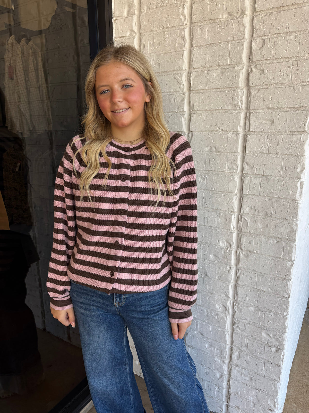 Crew Neck Striped Sweater Cardigan