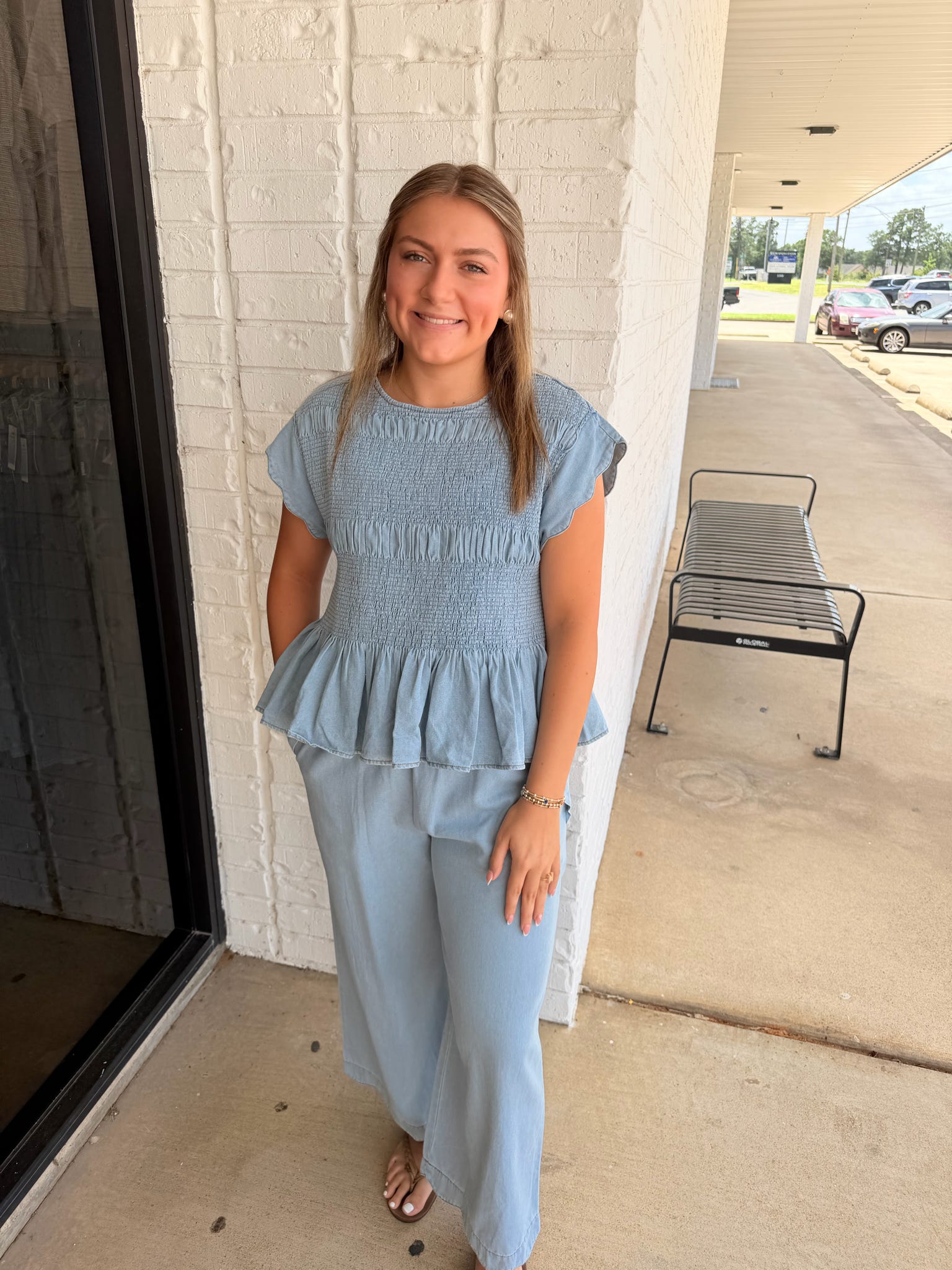 Chambray Scalloped Hem Pants