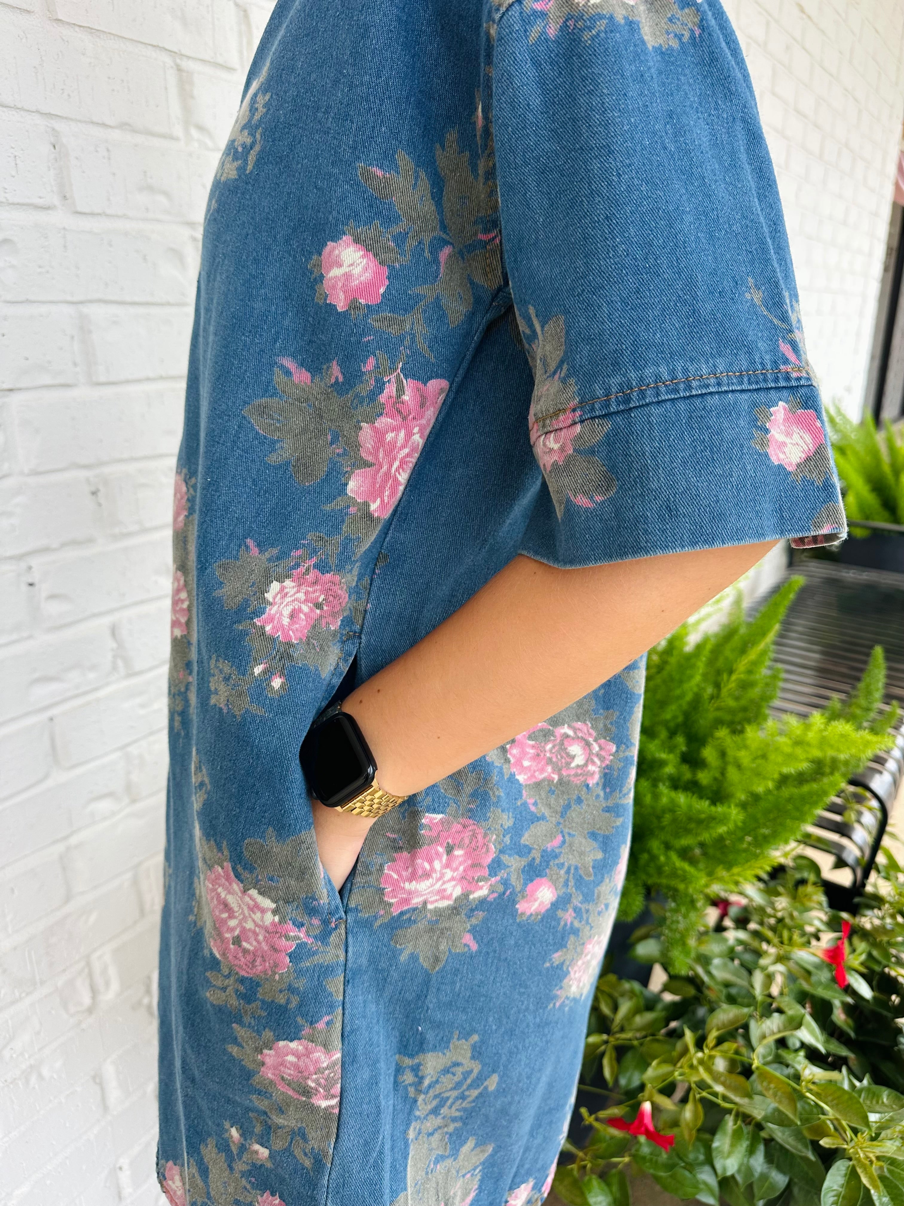 Naomi Floral Print SS Denim Shirt Mini Dress