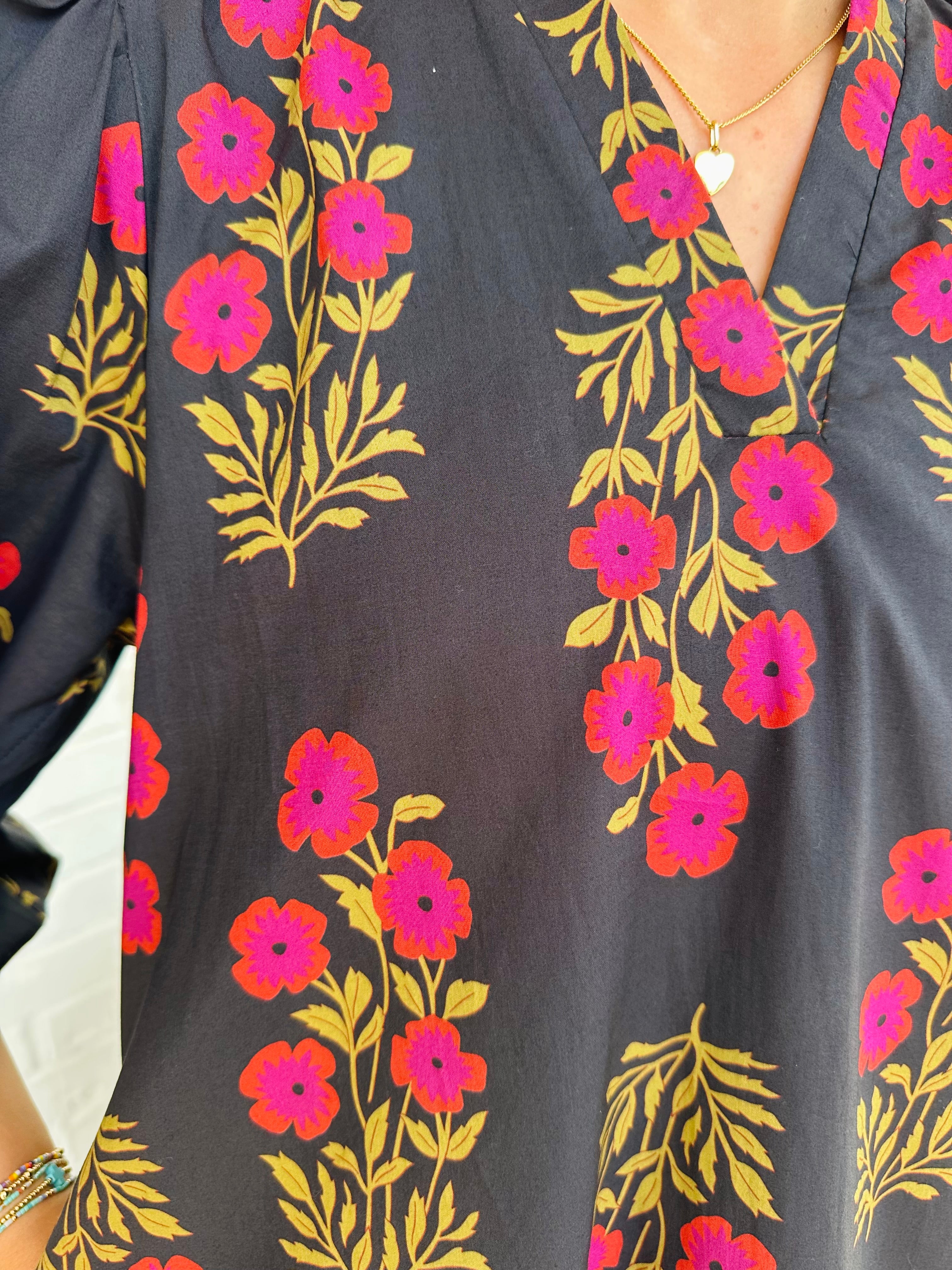 Floral Boquet V Neck 3/4 Puff Sleeve Mini Dress