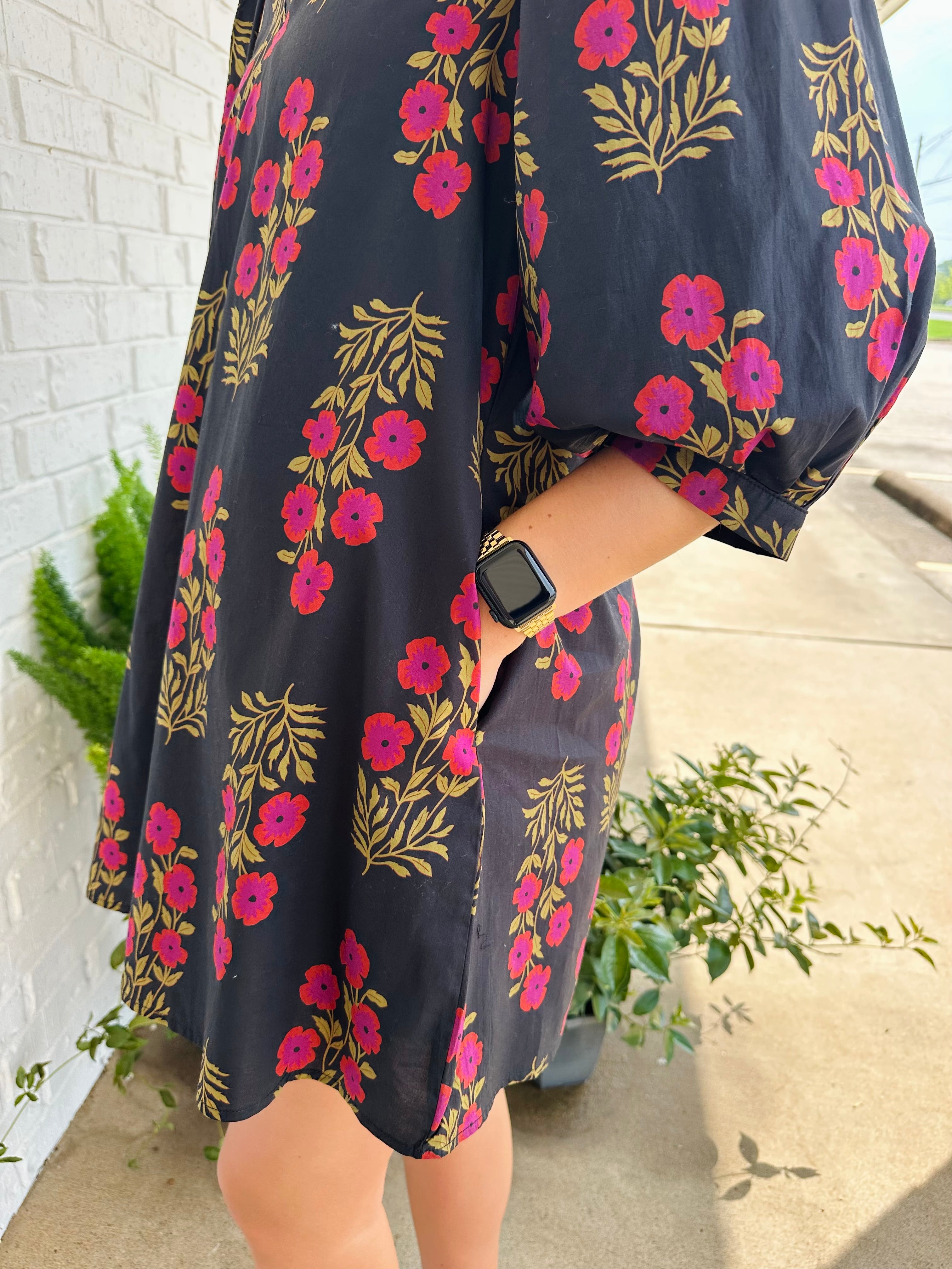 Floral Boquet V Neck 3/4 Puff Sleeve Mini Dress