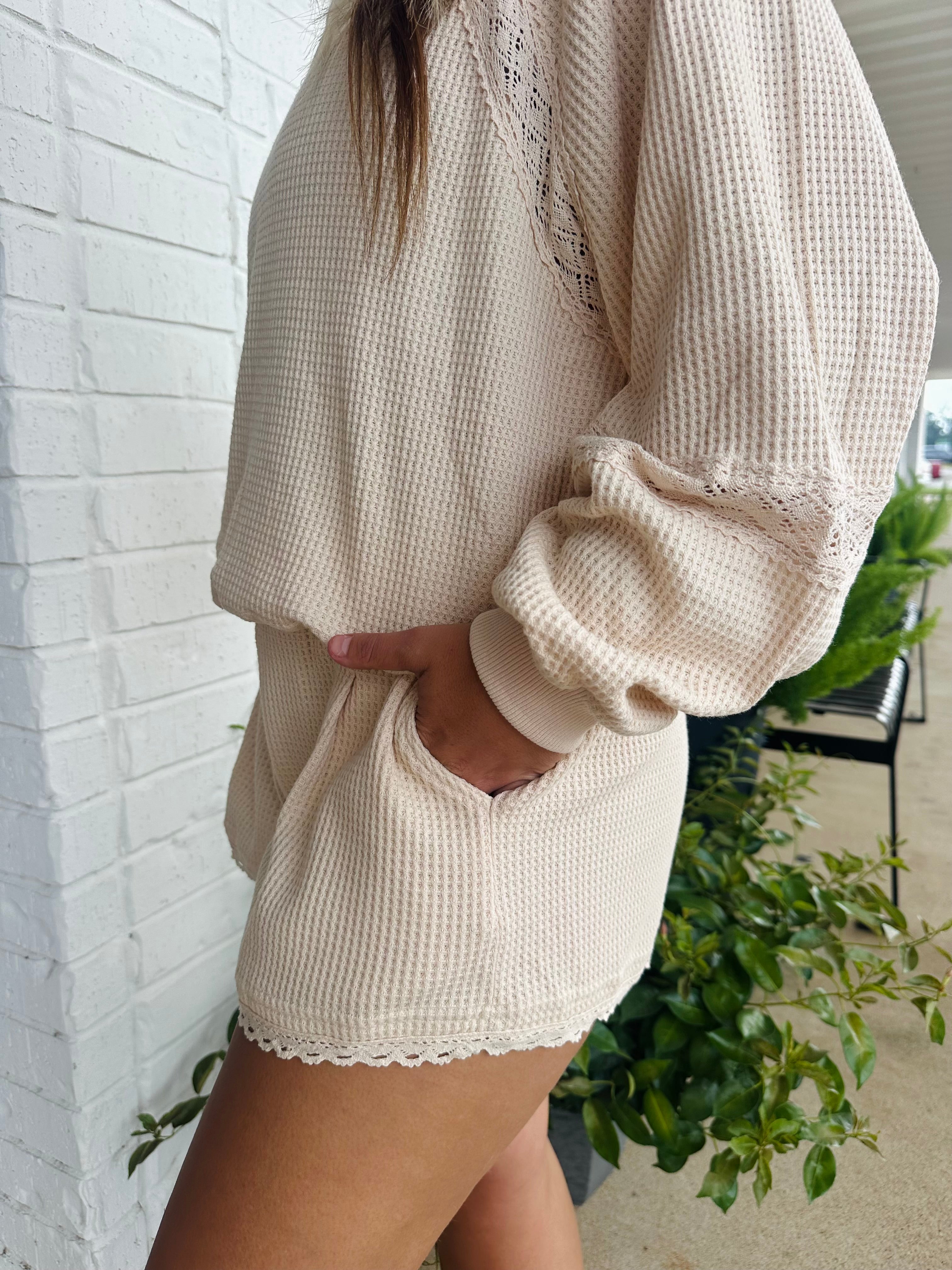 Frankie Lace & Waffle LS Top & Short Lounge Set