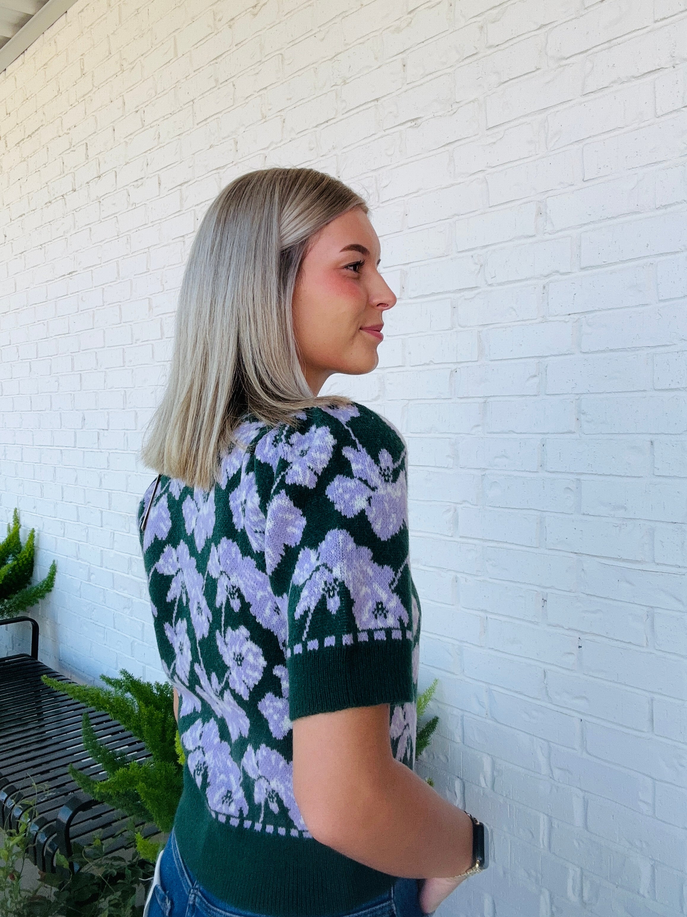 Francine Floral Short Puff Sleeve Crewneck Sweater