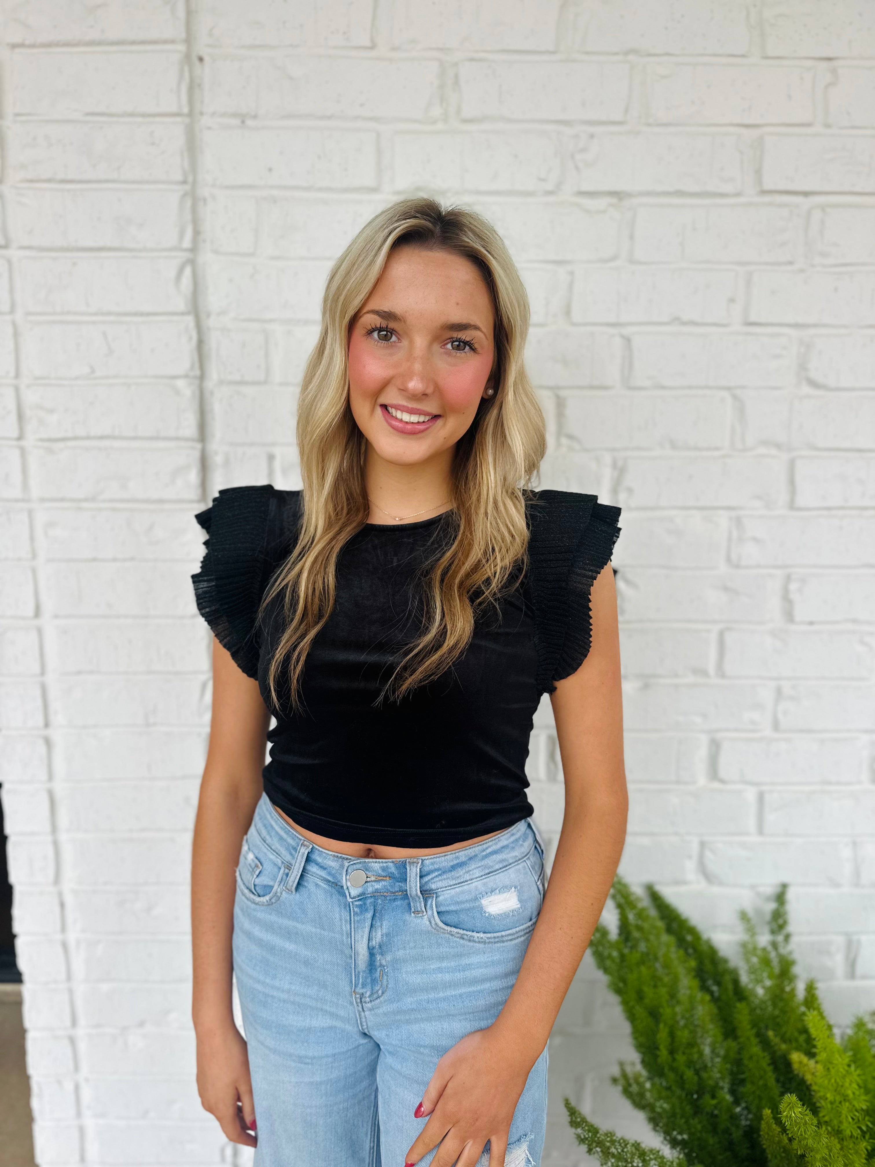 Velvet Crop Top w Pleated Ruffle Cap Sleeve