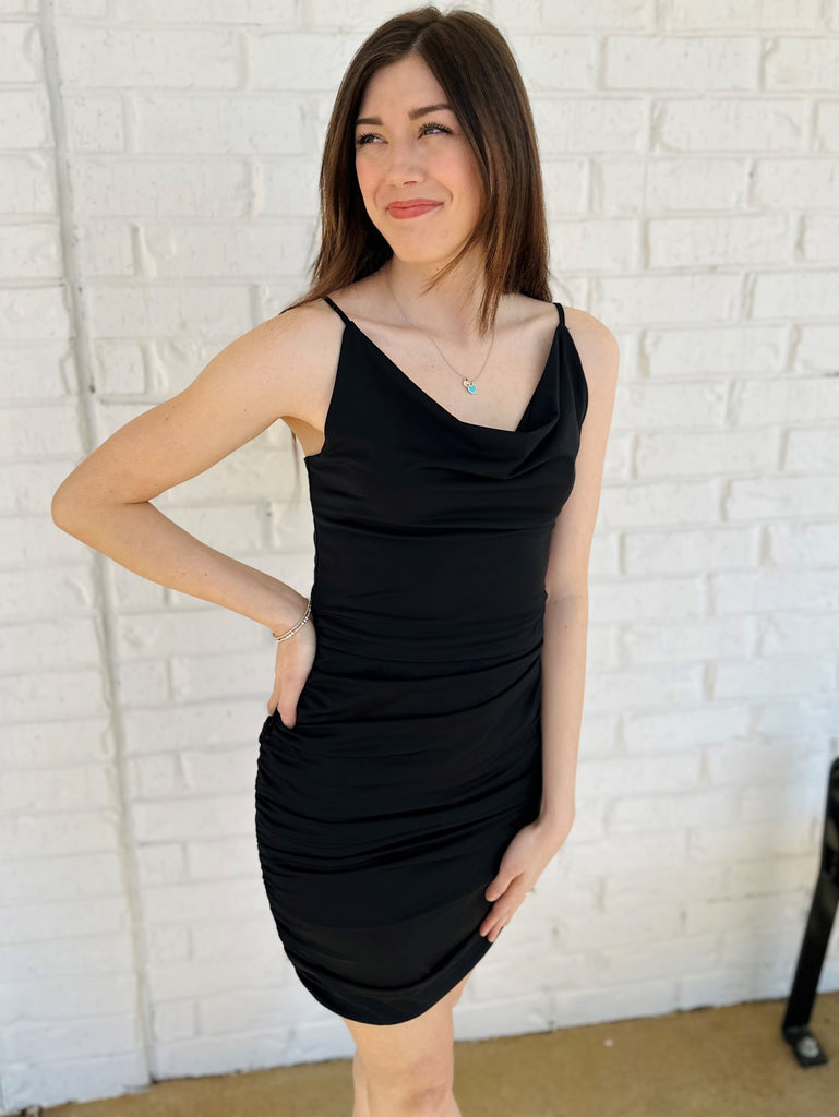 Cowl Neck Ruched Body Con Dress