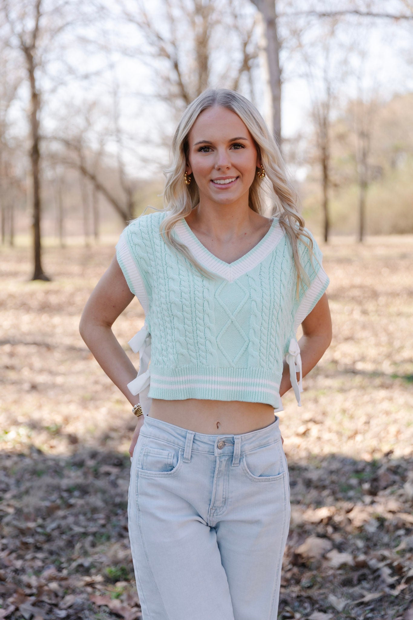 Mint It Sleeveless Sweater with Side Bow Ties