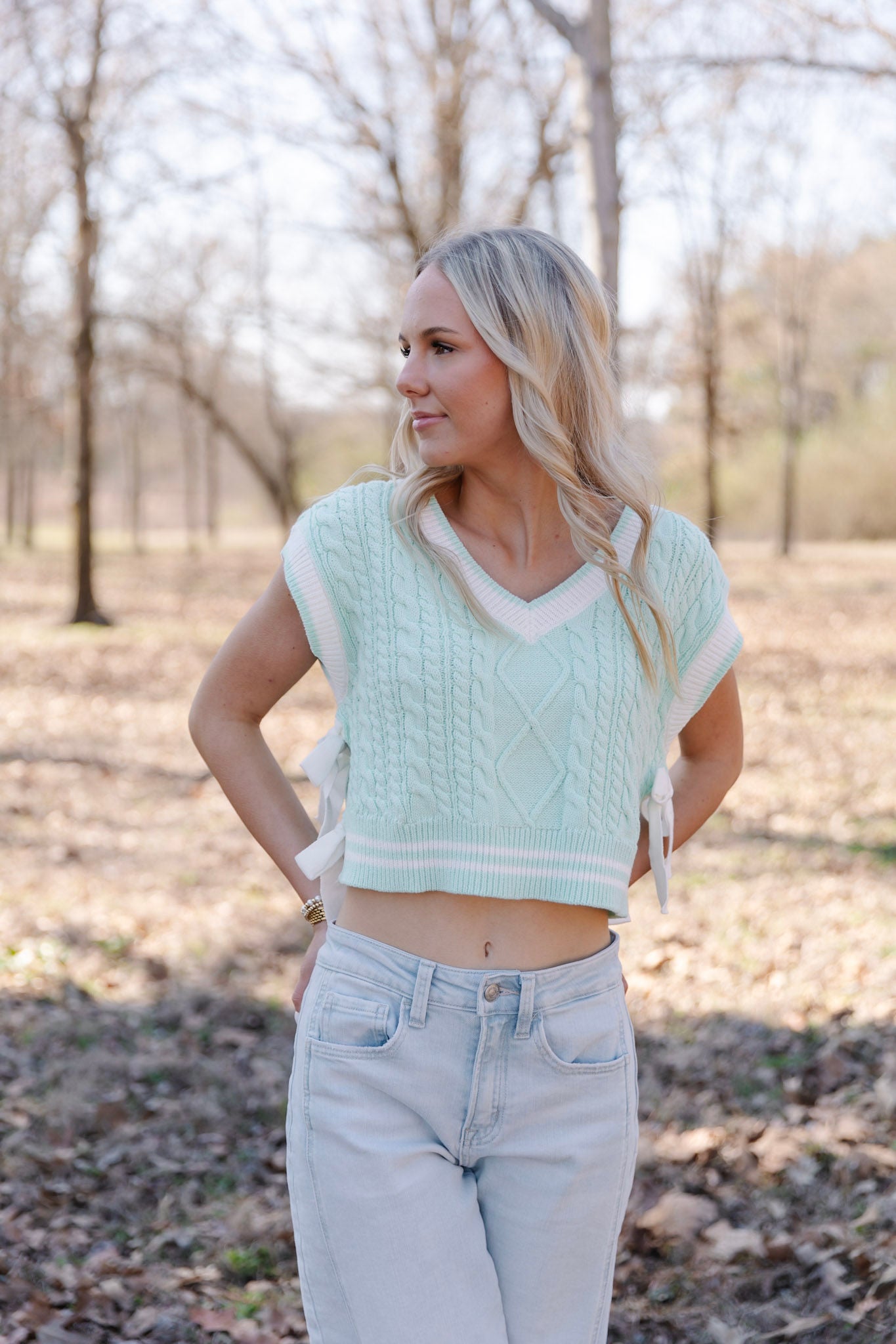 Mint It Sleeveless Sweater with Side Bow Ties