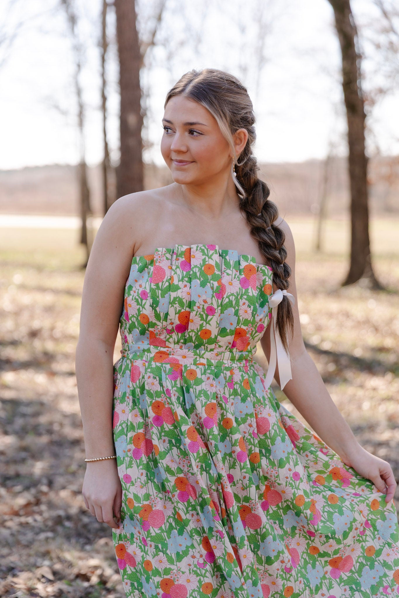 Back In Bloom Strapless Pleated Maxi Dress