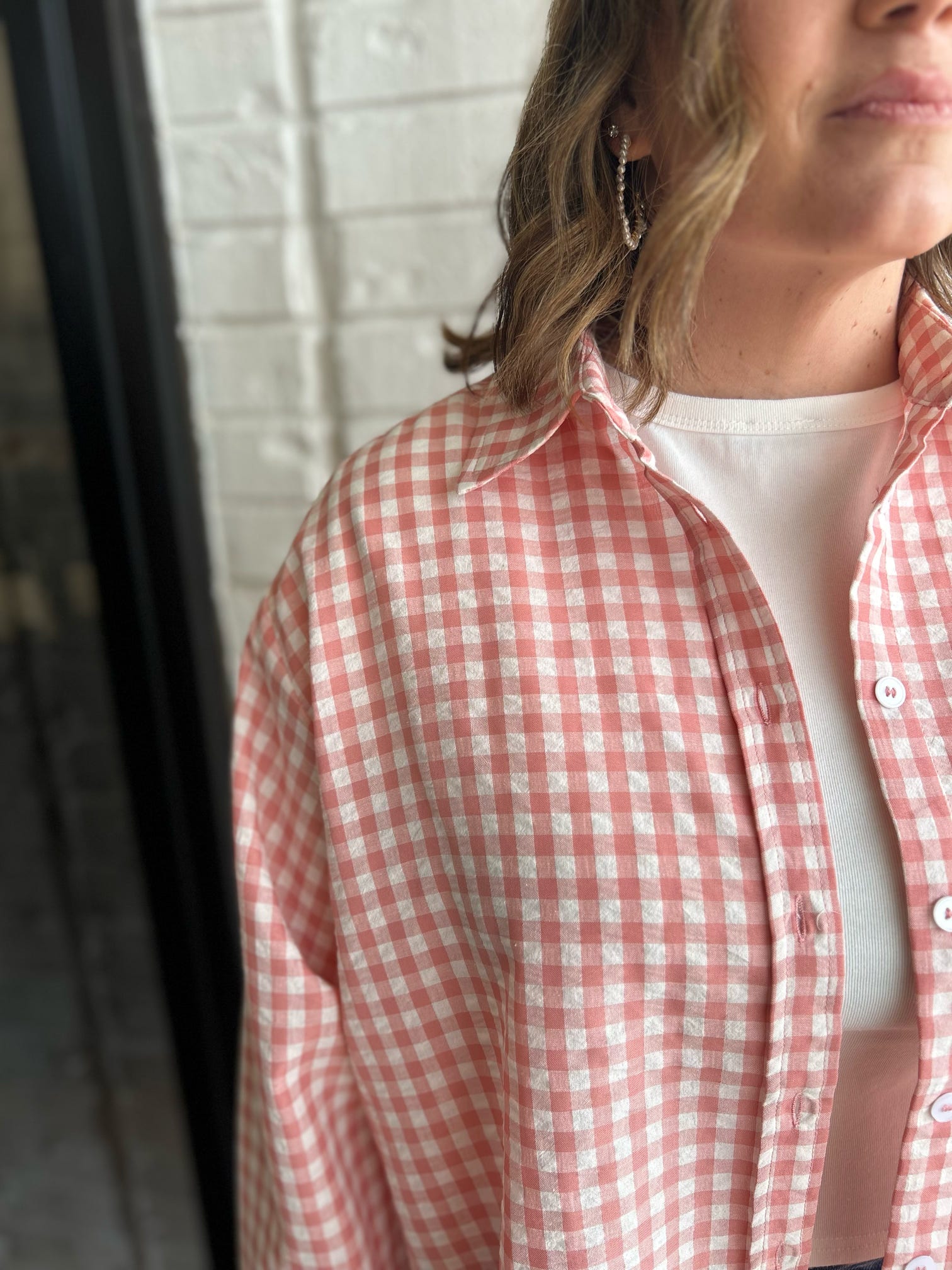 Beach Trip Gingham LS Button Up Top