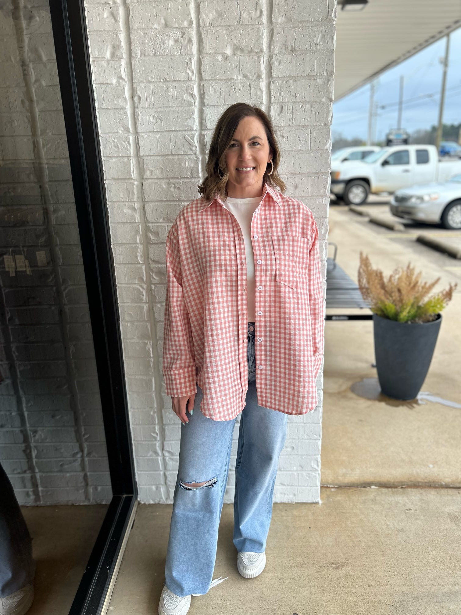 Beach Trip Gingham LS Button Up Top