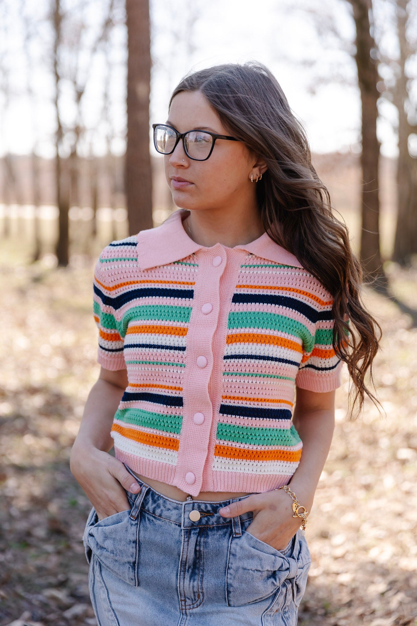 Sorbet SS Button Collar Stripe Knit Sweater