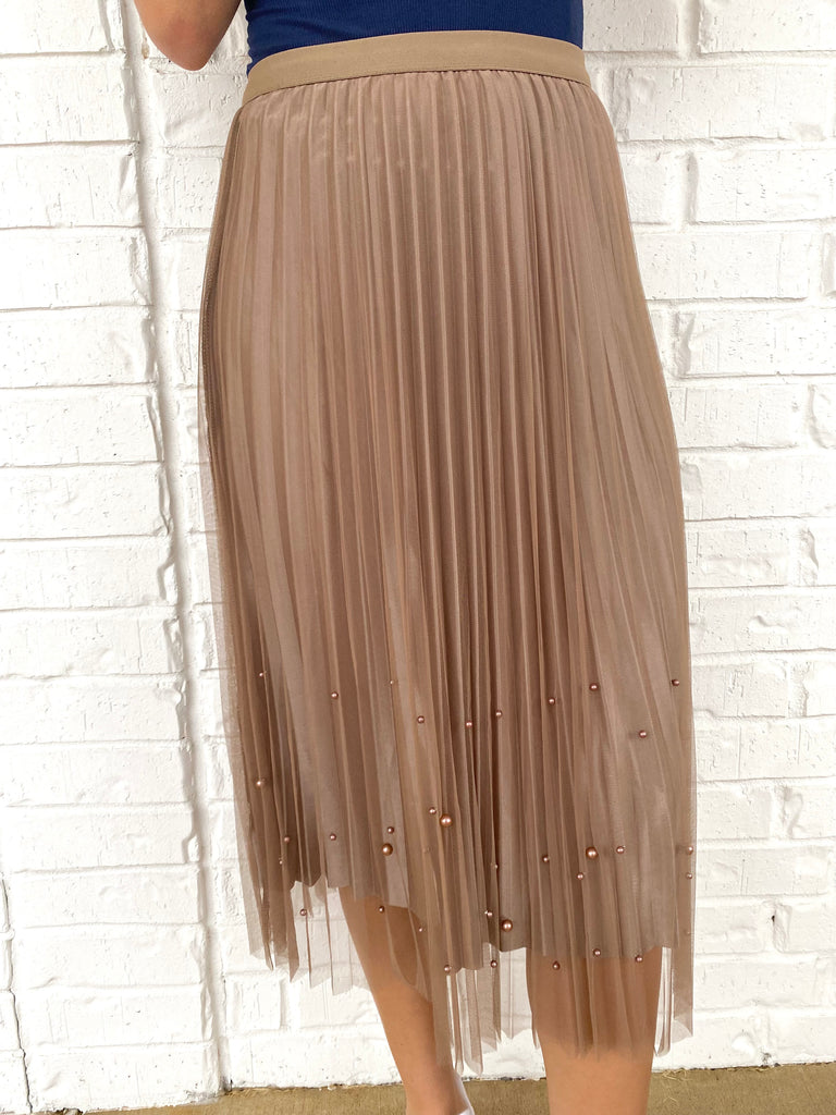 Pleated Midi Skirt w/Pearl Detail