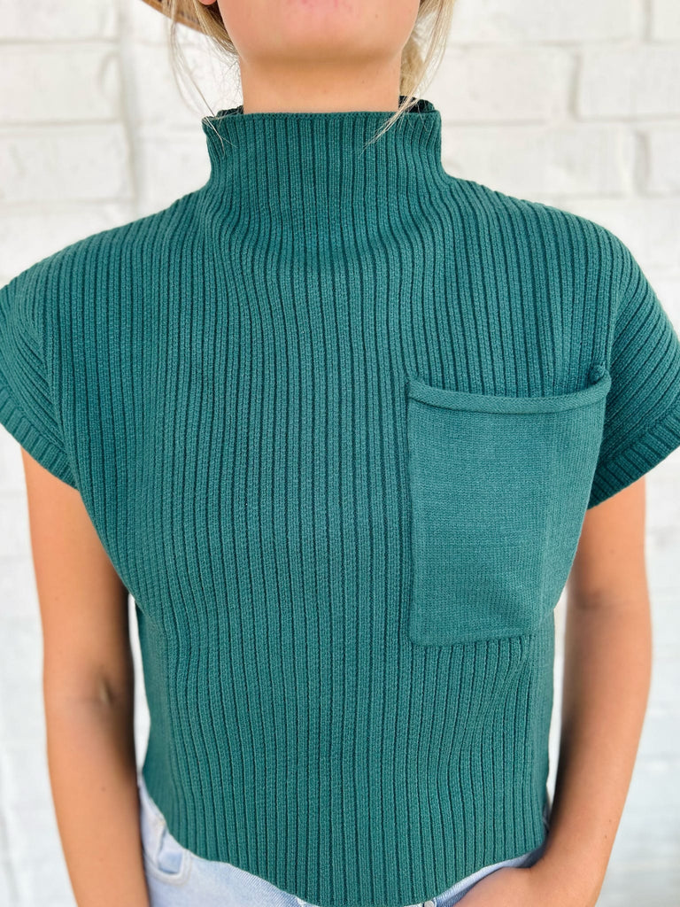 Trisha entro Mock Neck Ribbed Cap Sleeve Pocket Sweater